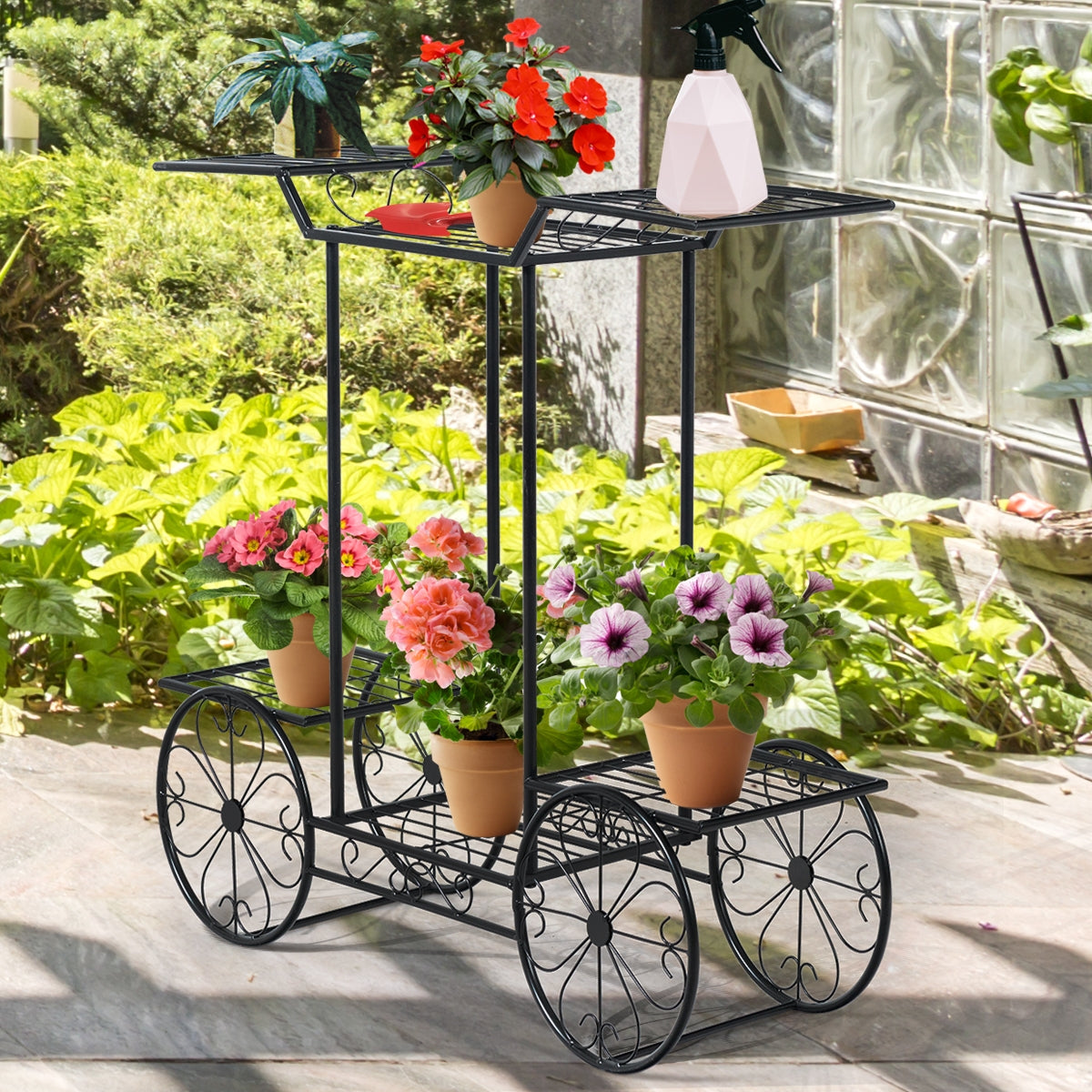 Estante de Metal Forma de Carrito para Plantas y Flores 6 Niveles para Casa Jardín Patio Interior y Exterior Negro 80,5 x 25 x 75 cm