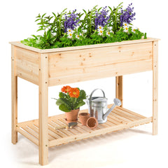 Maceta Elevada de Madera de Jardín Tiesto Elevado con Repisa Ideal para Plantas Verduras Flores 92 x 41 x 81 cm Natural