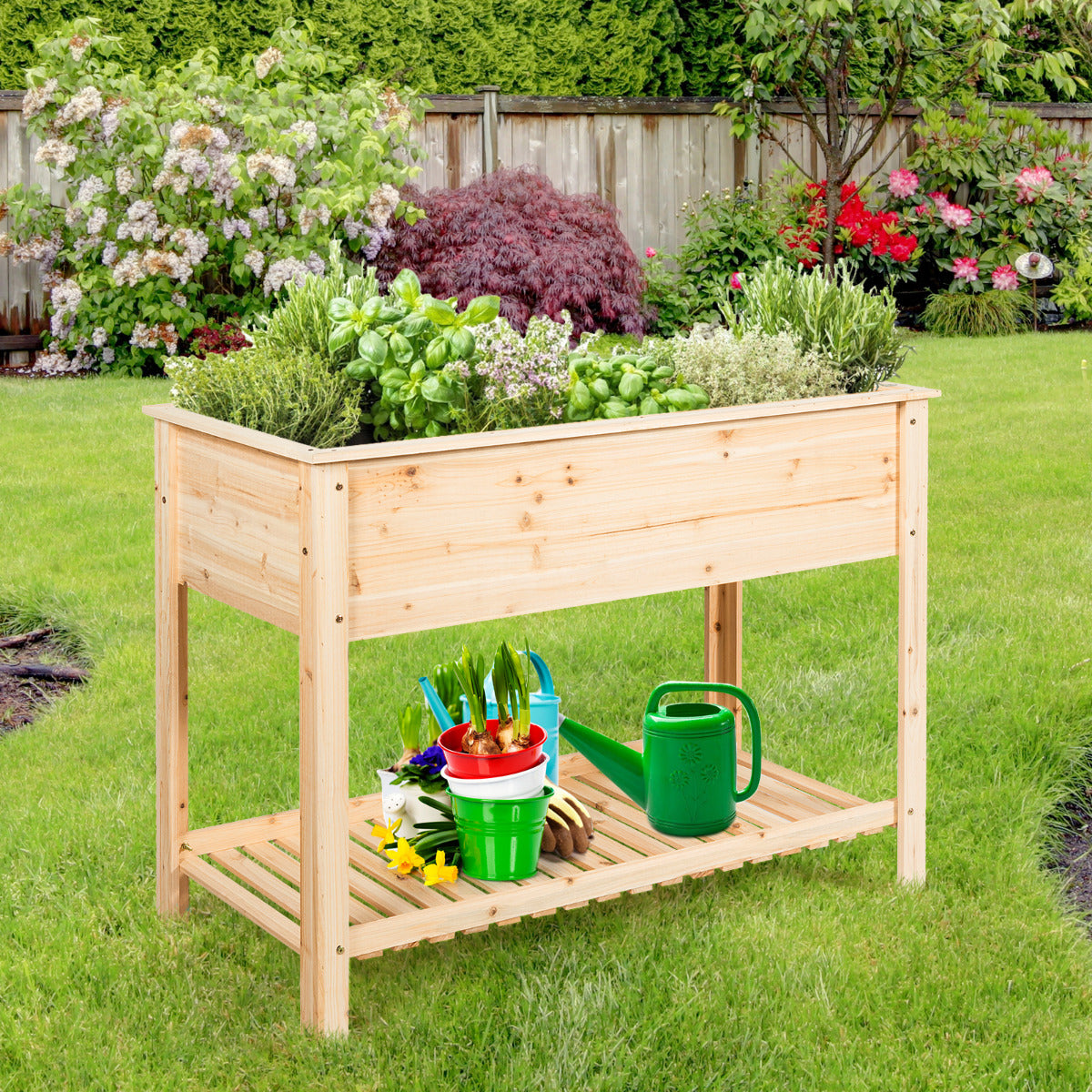 Maceta Elevada de Madera de Jardín Tiesto Elevado con Repisa Ideal para Plantas Verduras Flores 92 x 41 x 81 cm Natural