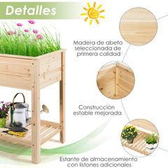 Maceta Elevada de Madera de Jardín Tiesto Elevado con Repisa Ideal para Plantas Verduras Flores 92 x 41 x 81 cm Natural