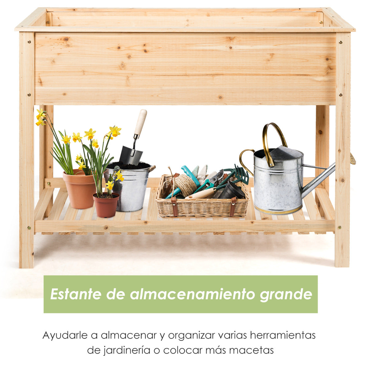 Maceta Elevada de Madera de Jardín Tiesto Elevado con Repisa Ideal para Plantas Verduras Flores 92 x 41 x 81 cm Natural