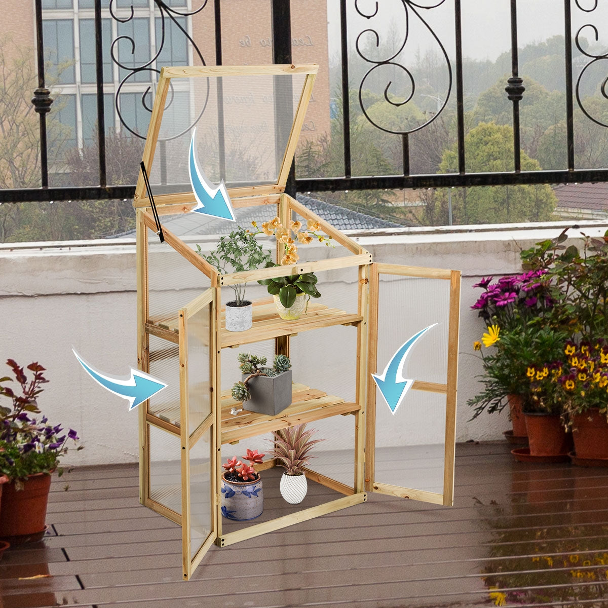 Mini Invernadero de Madera Protector Elevado con 3 Niveles para Macetas de Exterior para Jardín Balcón Veranda 60 x 45 x 100 cm
