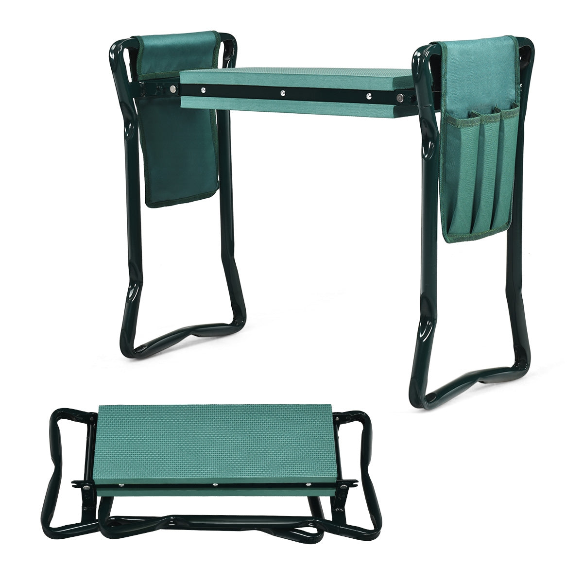 Reclinatorio y Banco de Jardinería con 2 Bolsillos para Herramientas y Almohadillas en Espuma EVA Proteger Rodillas Verde 58 x 27,5 x 49 cm