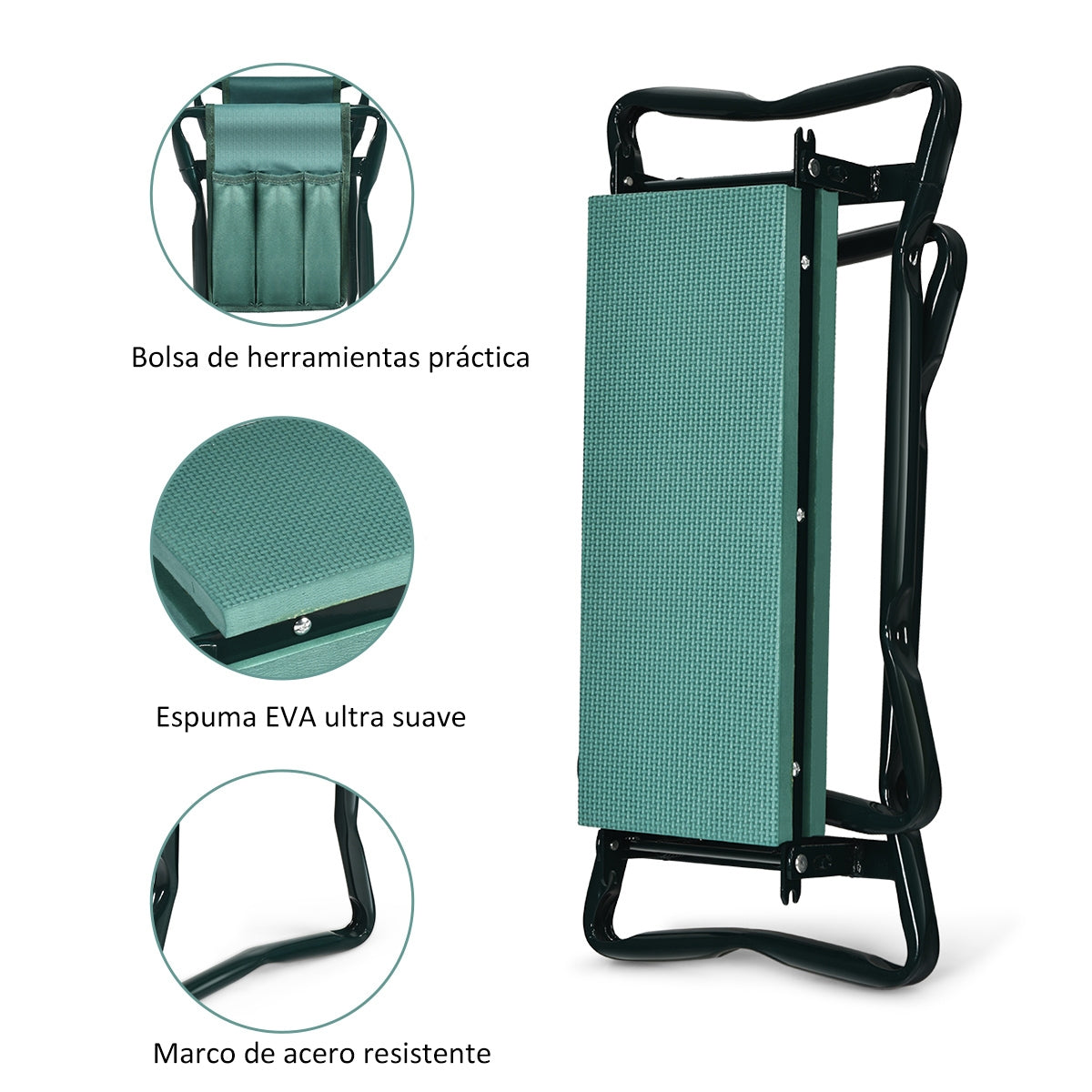 Reclinatorio y Banco de Jardinería con 2 Bolsillos para Herramientas y Almohadillas en Espuma EVA Proteger Rodillas Verde 58 x 27,5 x 49 cm
