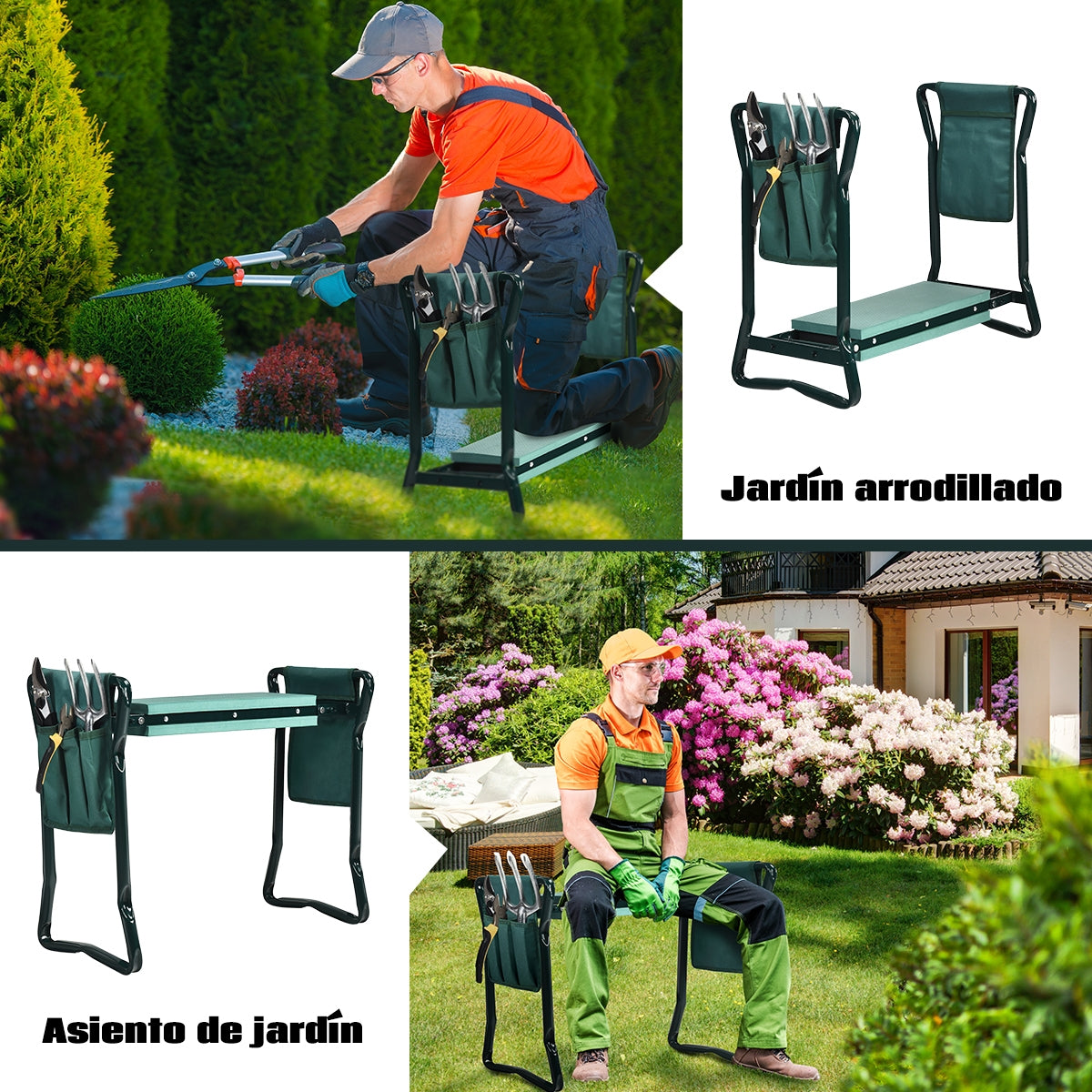 Reclinatorio y Banco de Jardinería con 2 Bolsillos para Herramientas y Almohadillas en Espuma EVA Proteger Rodillas Verde 58 x 27,5 x 49 cm