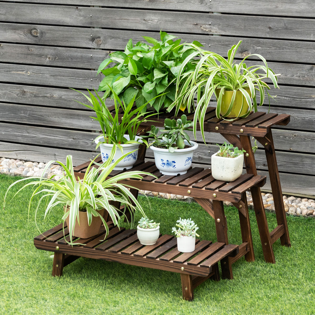 Estante de Escalera Angular con 3 Niveles para Plantas Soporte Expositor Madera de Flores para Jardín Patio Balcón Natural