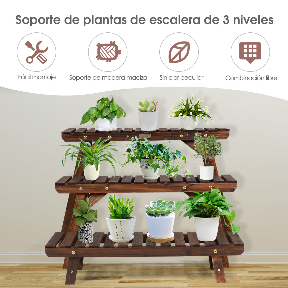 Estante de Escalera Angular con 3 Niveles para Plantas Soporte Expositor Madera de Flores para Jardín Patio Balcón Natural