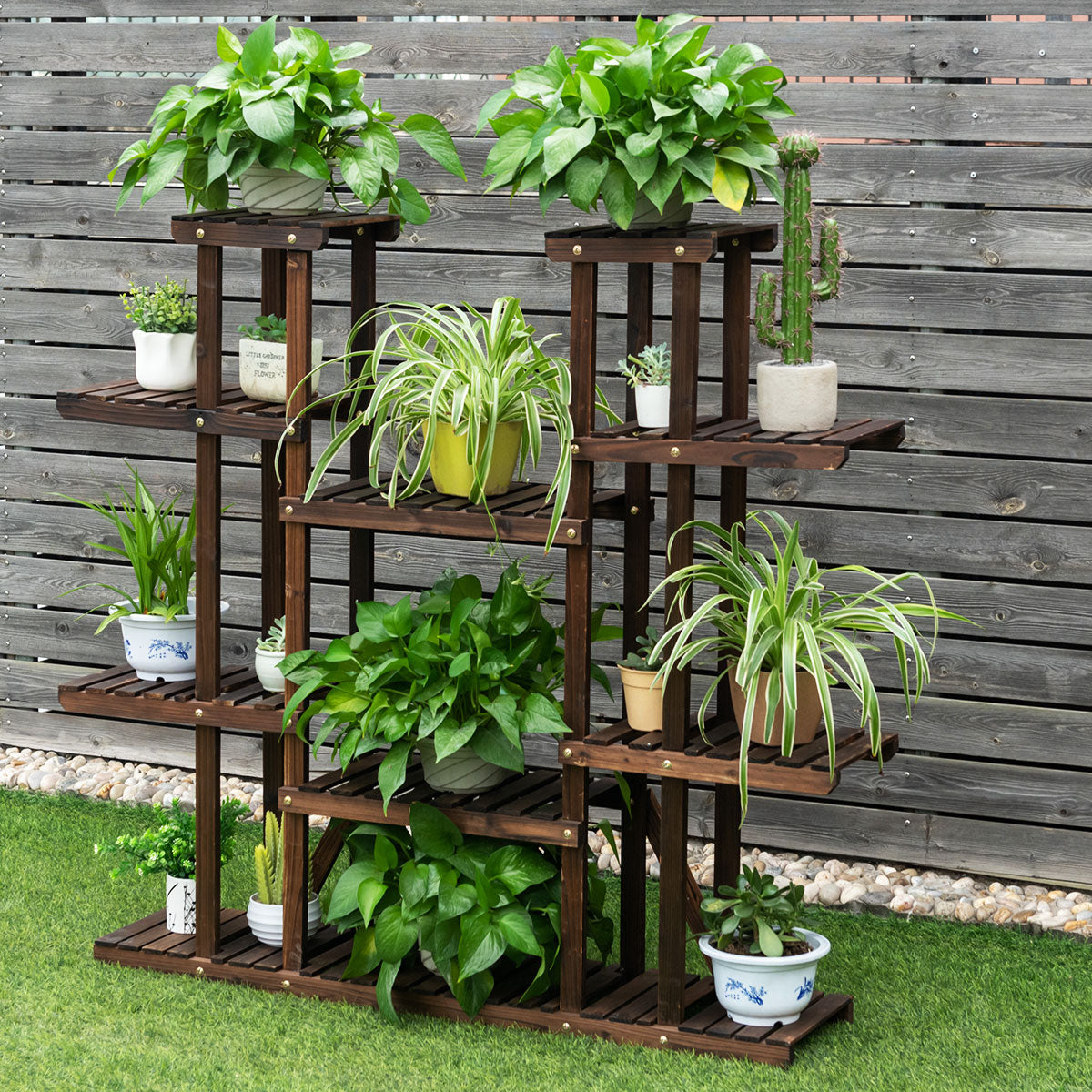 Estante de Madera con 6 Niveles para Plantas Soporte Expositor Carbonizado para 17 Macetas Flores para Balcón Patio Salón Natural