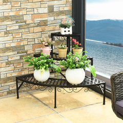 Porta Plantas con 3 Niveles de Metal Soporte Estante Expositor para Flores para Jardín Balcón Interior Negro 59 x 59 x 61 cm
