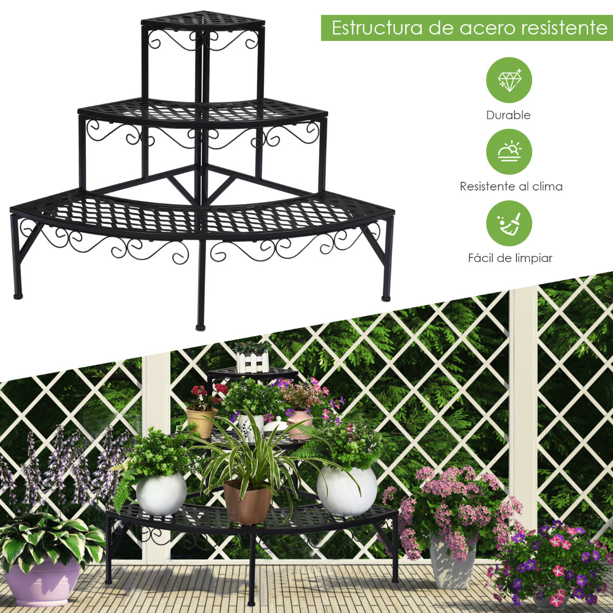 Porta Plantas con 3 Niveles de Metal Soporte Estante Expositor para Flores para Jardín Balcón Interior Negro 59 x 59 x 61 cm