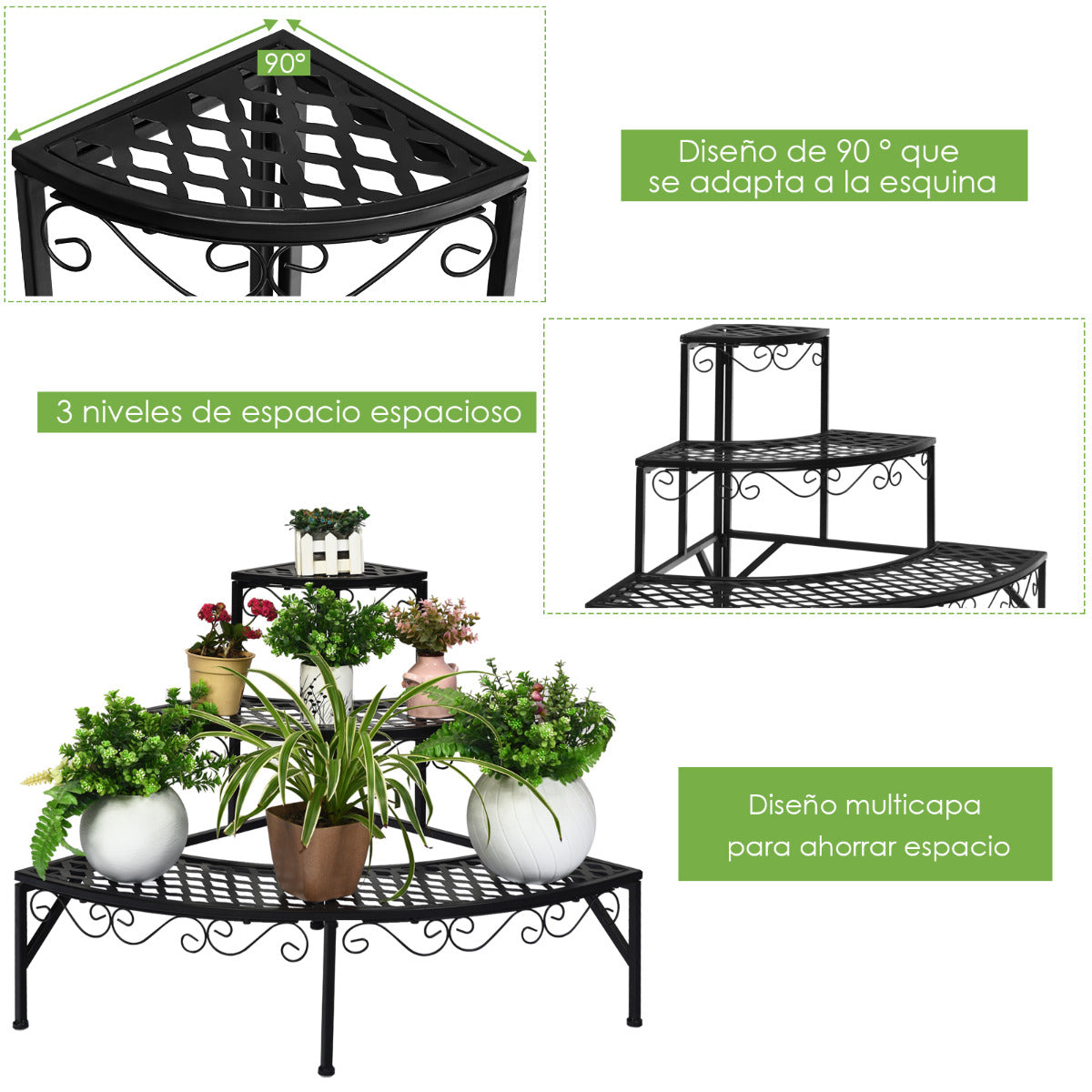 Porta Plantas con 3 Niveles de Metal Soporte Estante Expositor para Flores para Jardín Balcón Interior Negro 59 x 59 x 61 cm