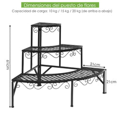 Porta Plantas con 3 Niveles de Metal Soporte Estante Expositor para Flores para Jardín Balcón Interior Negro 59 x 59 x 61 cm