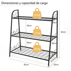Estante para Plantas de Metal 3 Niveles Soporte Expositivo Porta Flores para Jardín Balcón Salón Negro 81 x 35 x 82 cm