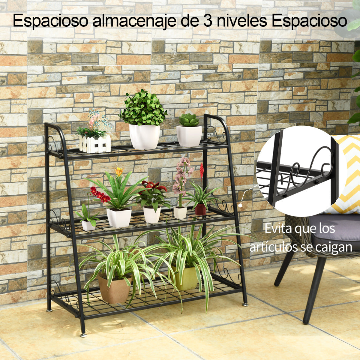 Estante para Plantas de Metal 3 Niveles Soporte Expositivo Porta Flores para Jardín Balcón Salón Negro 81 x 35 x 82 cm