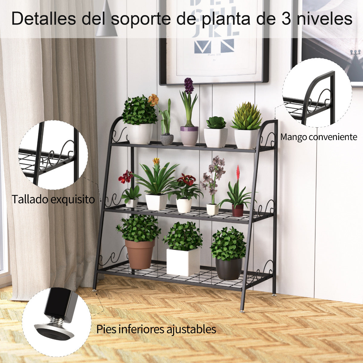 Estante para Plantas de Metal 3 Niveles Soporte Expositivo Porta Flores para Jardín Balcón Salón Negro 81 x 35 x 82 cm