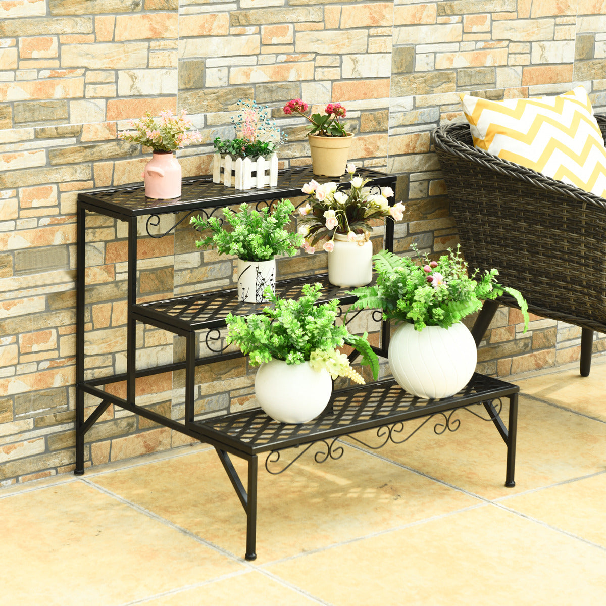 Estante para Plantas de Metal 3 Niveles Soporte Expositivo para Flores Porta Plantas Decorativo para Jardín Interior Negro 70 x 60 x 60,5cm