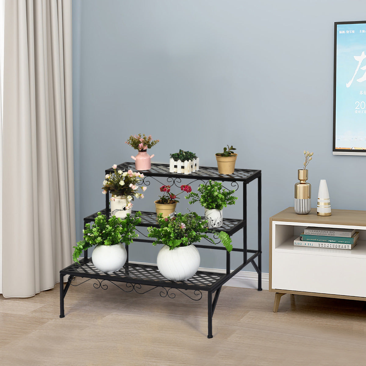 Estante para Plantas de Metal 3 Niveles Soporte Expositivo para Flores Porta Plantas Decorativo para Jardín Interior Negro 70 x 60 x 60,5cm