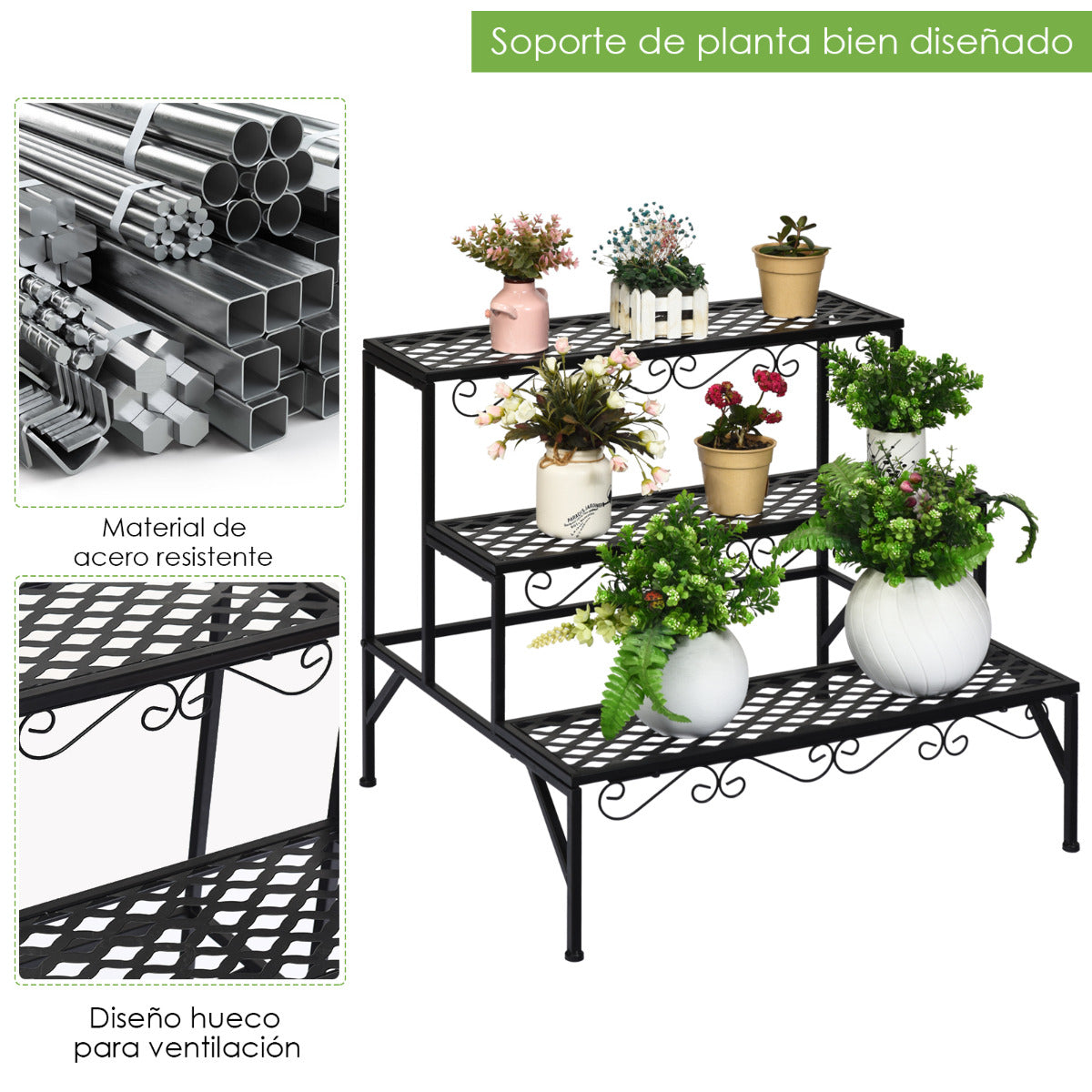 Estante para Plantas de Metal 3 Niveles Soporte Expositivo para Flores Porta Plantas Decorativo para Jardín Interior Negro 70 x 60 x 60,5cm