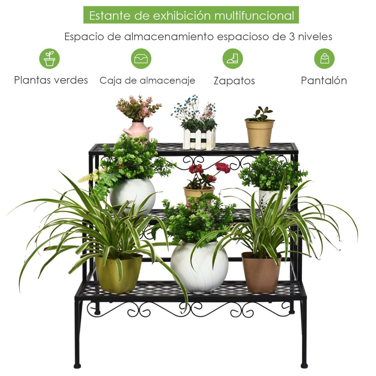 Estante para Plantas de Metal 3 Niveles Soporte Expositivo para Flores Porta Plantas Decorativo para Jardín Interior Negro 70 x 60 x 60,5cm