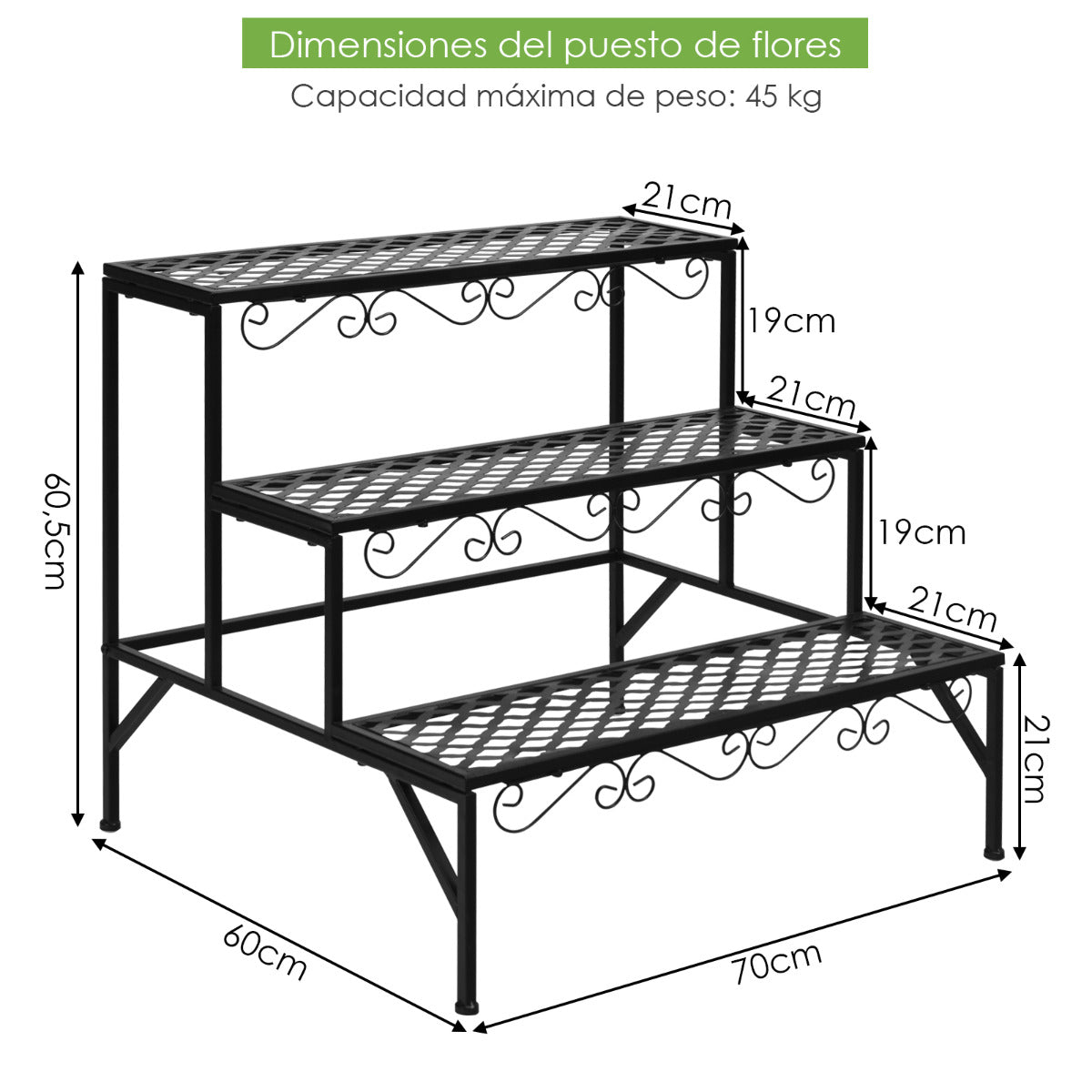 Estante para Plantas de Metal 3 Niveles Soporte Expositivo para Flores Porta Plantas Decorativo para Jardín Interior Negro 70 x 60 x 60,5cm