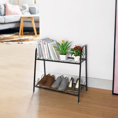 Porta Plantas de Metal 2 Niveles Estante Multifuncional Expositivo para Flores Zapatos para Interior Patio Balcón Negro 63 x 30,5 x 61,5 cm