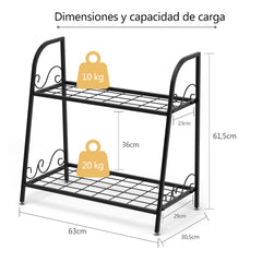 Porta Plantas de Metal 2 Niveles Estante Multifuncional Expositivo para Flores Zapatos para Interior Patio Balcón Negro 63 x 30,5 x 61,5 cm