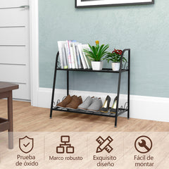 Porta Plantas de Metal 2 Niveles Estante Multifuncional Expositivo para Flores Zapatos para Interior Patio Balcón Negro 63 x 30,5 x 61,5 cm