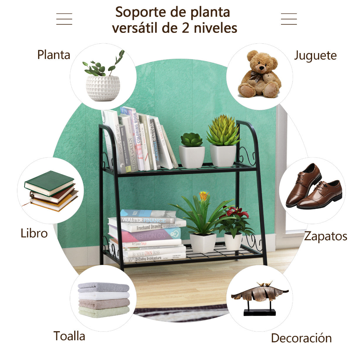 Porta Plantas de Metal 2 Niveles Estante Multifuncional Expositivo para Flores Zapatos para Interior Patio Balcón Negro 63 x 30,5 x 61,5 cm