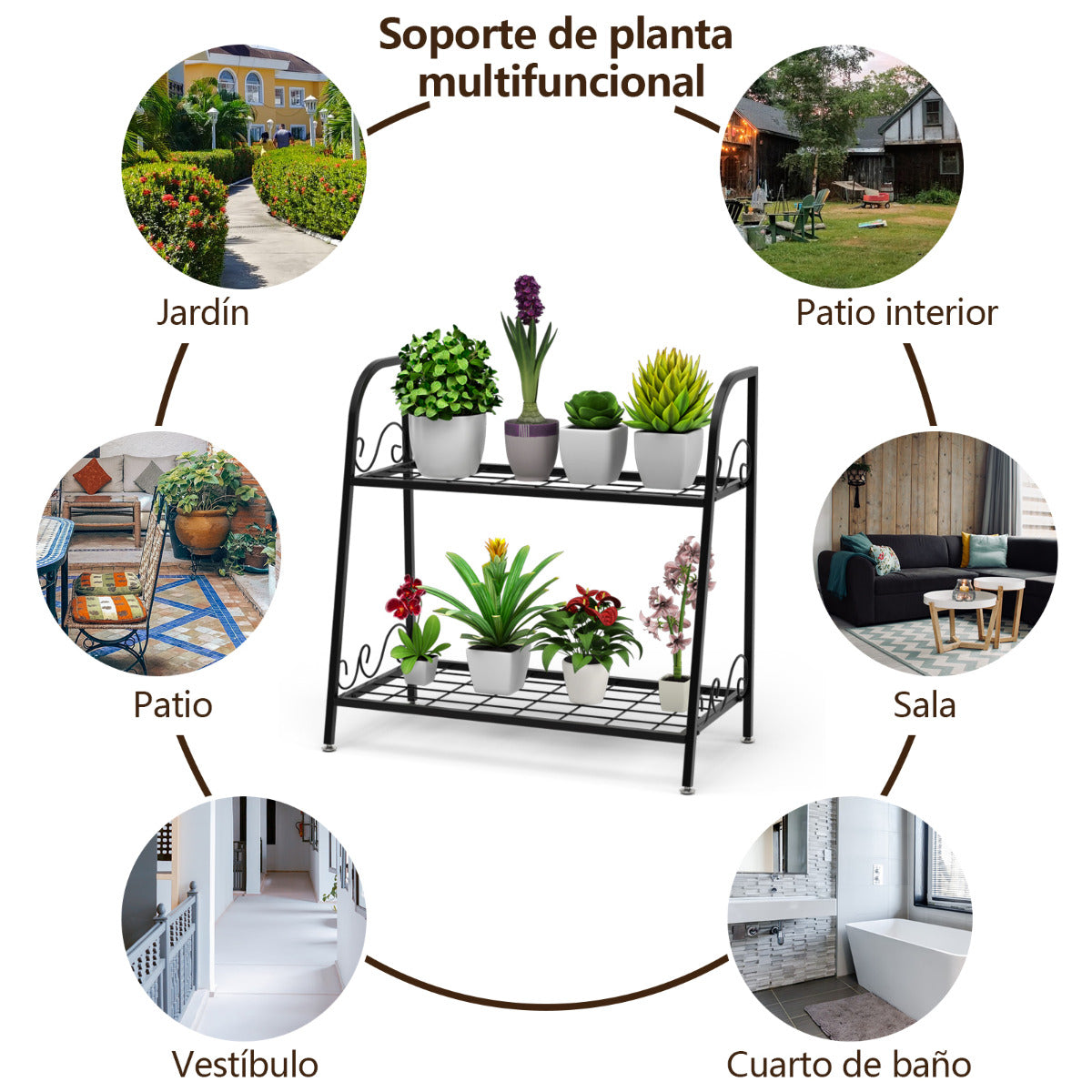 Porta Plantas de Metal 2 Niveles Estante Multifuncional Expositivo para Flores Zapatos para Interior Patio Balcón Negro 63 x 30,5 x 61,5 cm