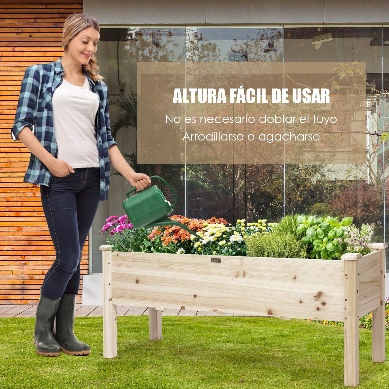 Maceta Elevada de Madera de Abeto con 5 Hoyos de Drenaje Kit de Madera para Verduras Hierbas y Flores 120 x 43,5 x 51 cm