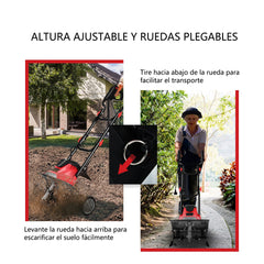 Mini Cultivador con Empuñadura Plegable y Ruedas Regulables Fácil de Almacenar Rojo 104,5 x 102 x 36,5 cm