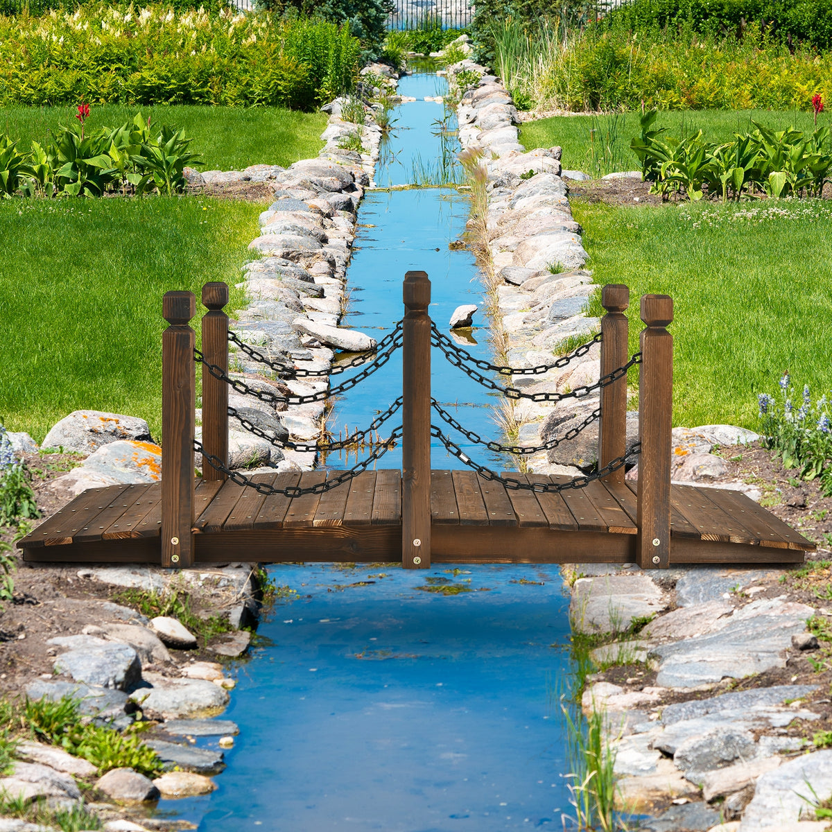 Puente Decorativo para Jardín de Madera Abeto Puente de Arco con Barandal Cadenas para Arroyo Granja Patio Madera 150 x 67 x 55 cm