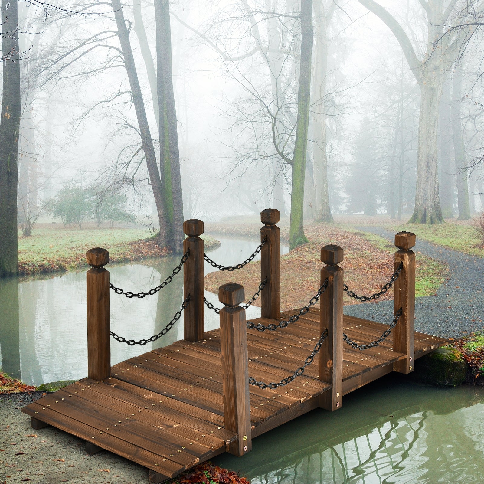 Puente Decorativo para Jardín de Madera Abeto Puente de Arco con Barandal Cadenas para Arroyo Granja Patio Madera 150 x 67 x 55 cm