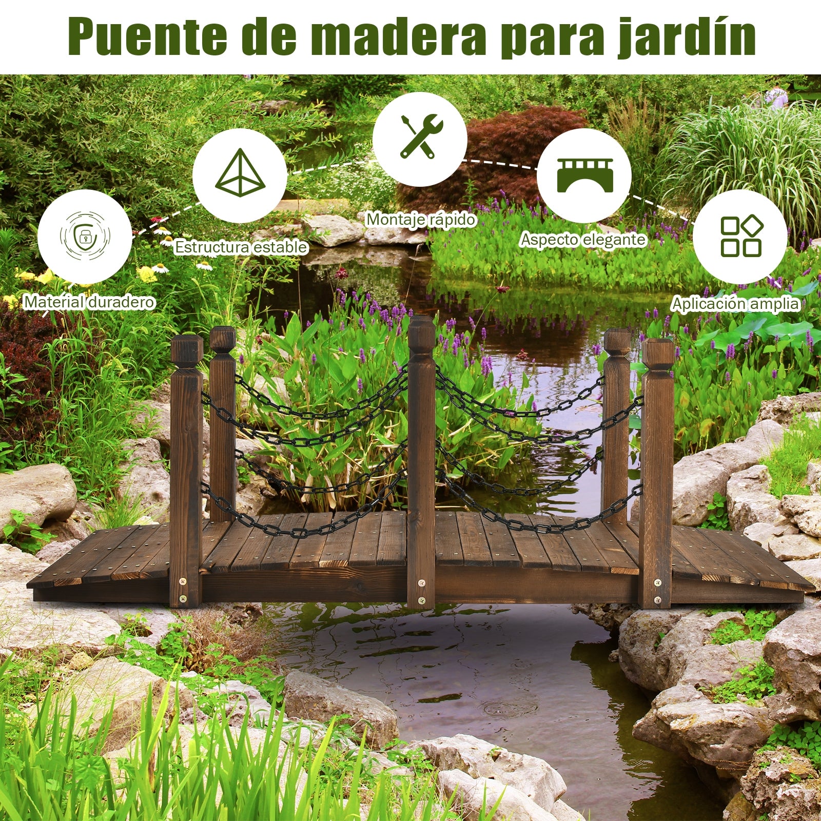 Puente Decorativo para Jardín de Madera Abeto Puente de Arco con Barandal Cadenas para Arroyo Granja Patio Madera 150 x 67 x 55 cm