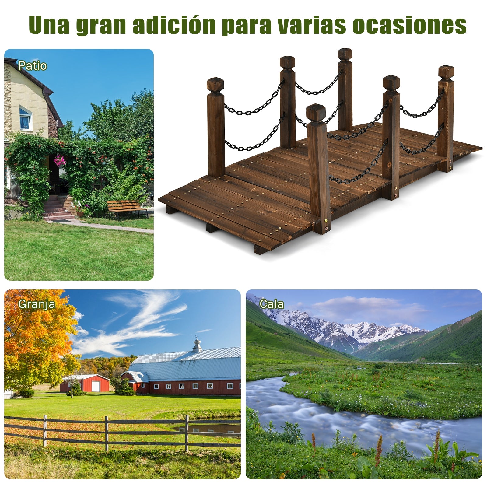 Puente Decorativo para Jardín de Madera Abeto Puente de Arco con Barandal Cadenas para Arroyo Granja Patio Madera 150 x 67 x 55 cm