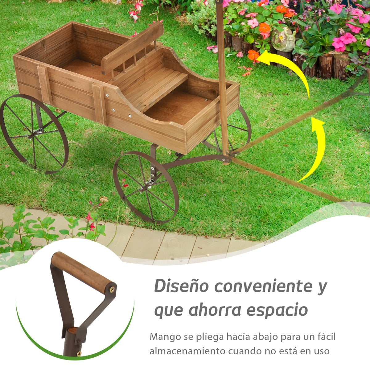 Carrito de Madera Maceta Decorativa con Ruedas y 2 Secciones para Plantas Jardín Patio Nuez 62 x 34 x 60 cm