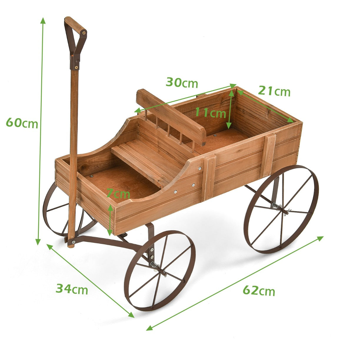 Carrito de Madera Maceta Decorativa con Ruedas y 2 Secciones para Plantas Jardín Patio Nuez 62 x 34 x 60 cm