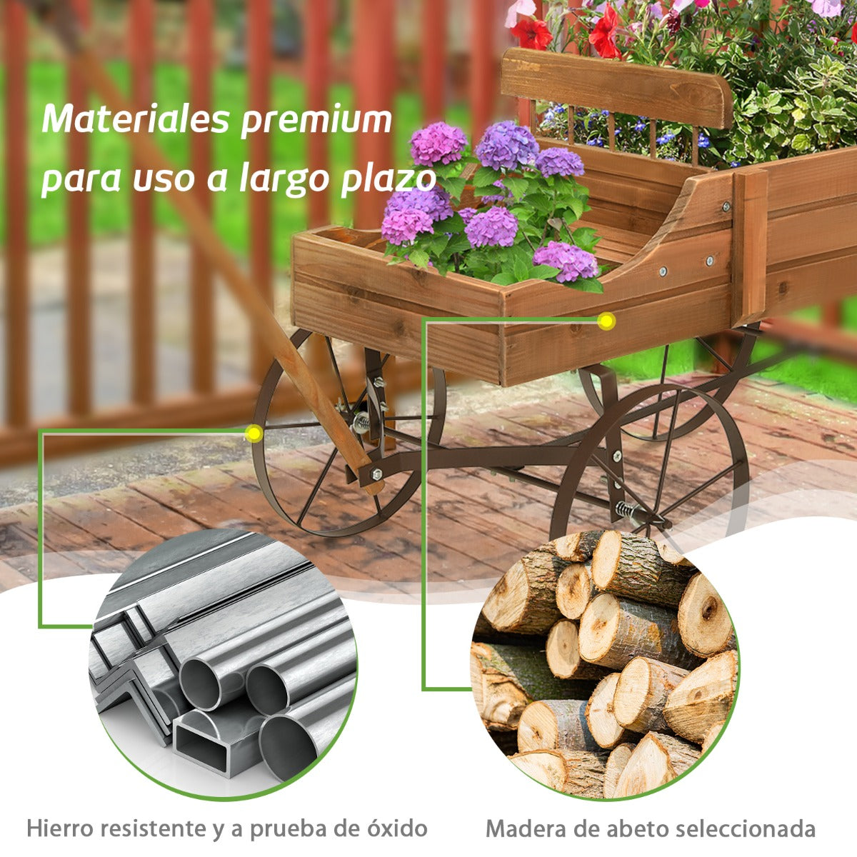 Carrito de Madera Maceta Decorativa con Ruedas y 2 Secciones para Plantas Jardín Patio Nuez 62 x 34 x 60 cm