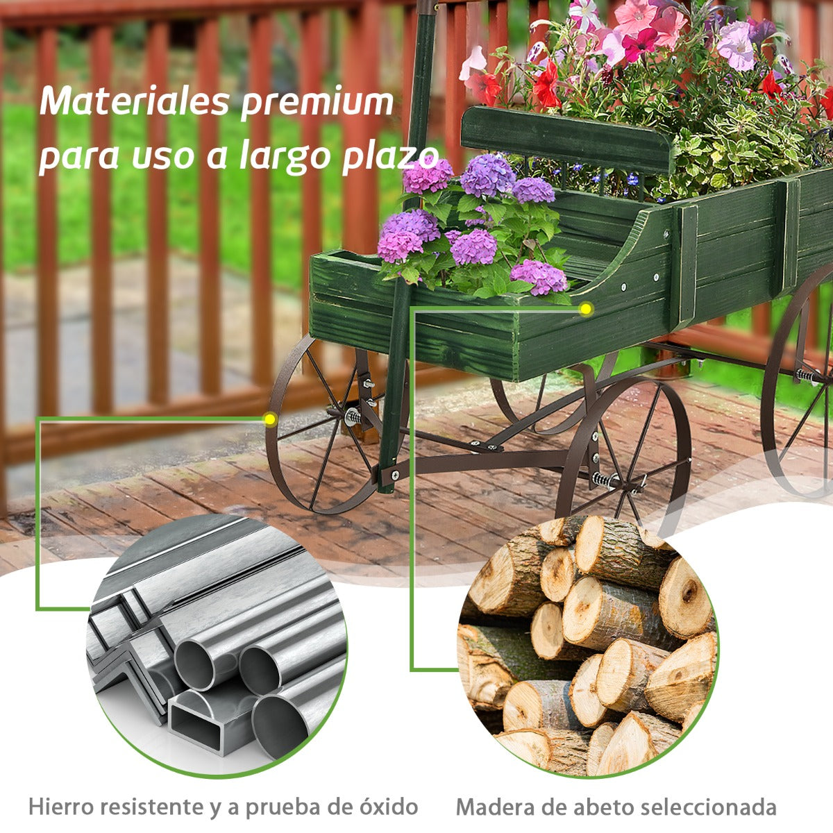 Carrito de Madera Maceta Decorativa con Ruedas y 2 Secciones para Plantas Jardín Patio Verde 62 x 34 x 60 cm