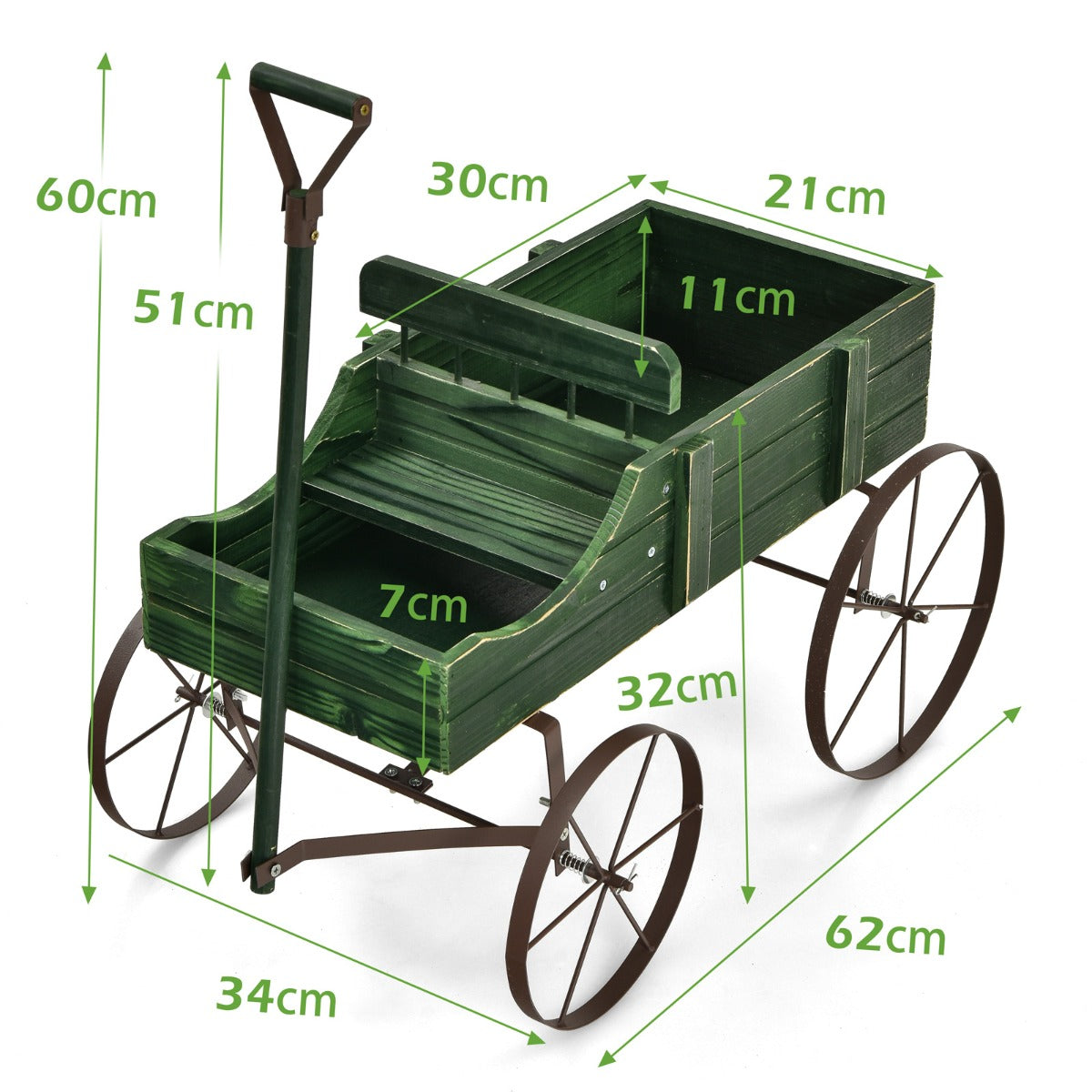 Carrito de Madera Maceta Decorativa con Ruedas y 2 Secciones para Plantas Jardín Patio Verde 62 x 34 x 60 cm