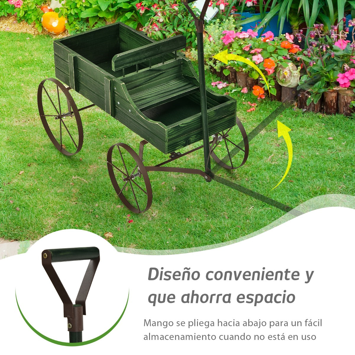 Carrito de Madera Maceta Decorativa con Ruedas y 2 Secciones para Plantas Jardín Patio Verde 62 x 34 x 60 cm