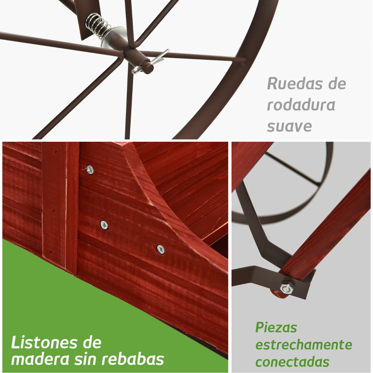 Carrito de Madera Maceta Decorativa con Ruedas y 2 Secciones para Plantas Jardín Patio Rojo 62 x 34 x 60 cm