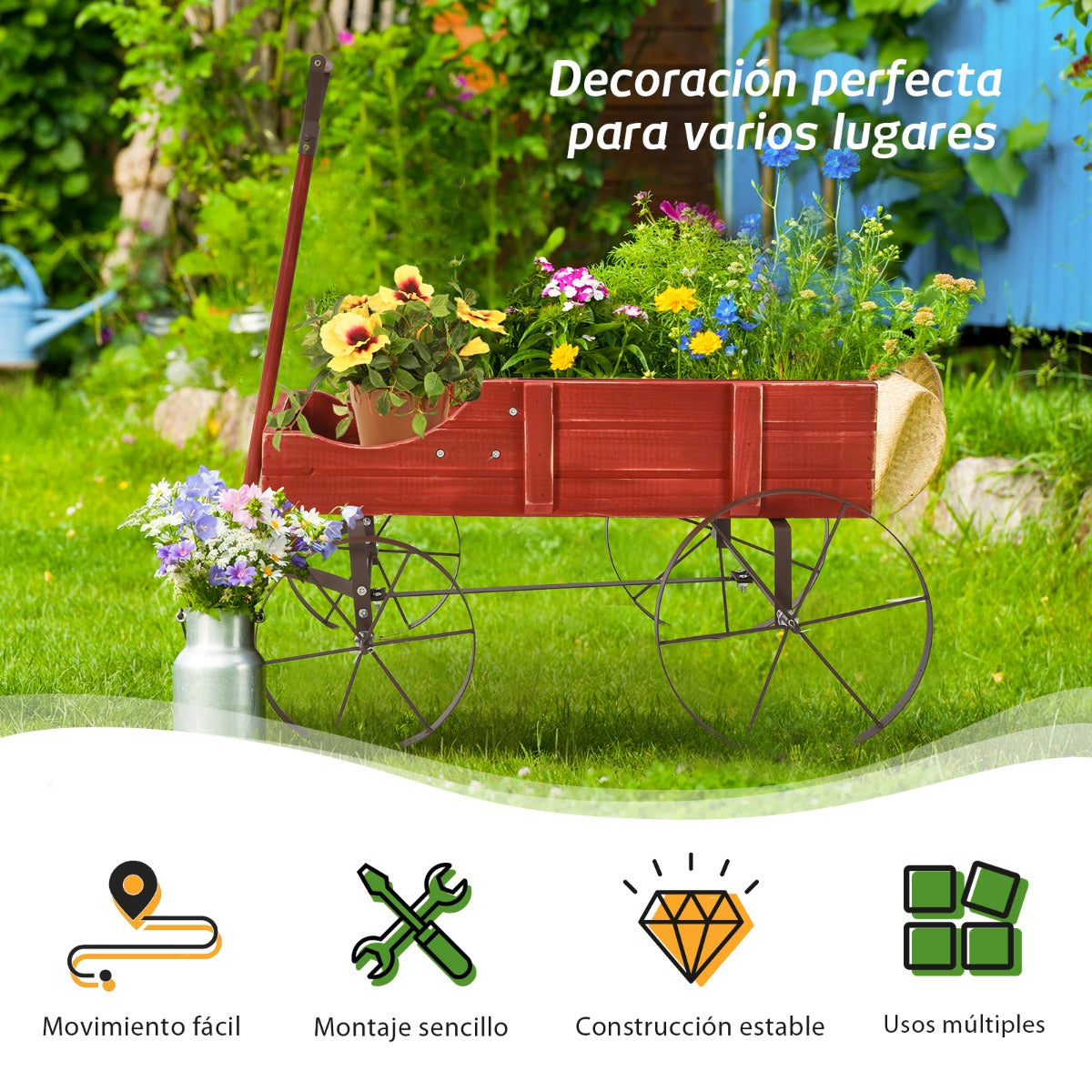 Carrito de Madera Maceta Decorativa con Ruedas y 2 Secciones para Plantas Jardín Patio Rojo 62 x 34 x 60 cm
