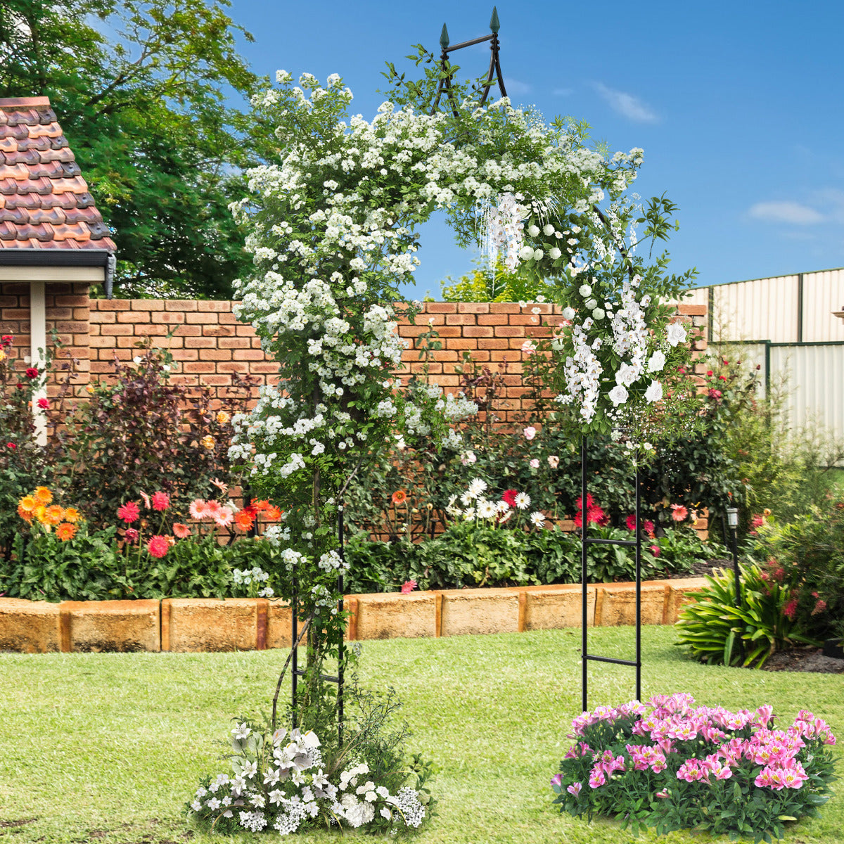 Arco de Cenador de Jardín de 287 cm de Metal Decorativo de Estilo Gótico Pérgola al Aire Libre para Trepar Rosas de Vid para Fiesta Boda