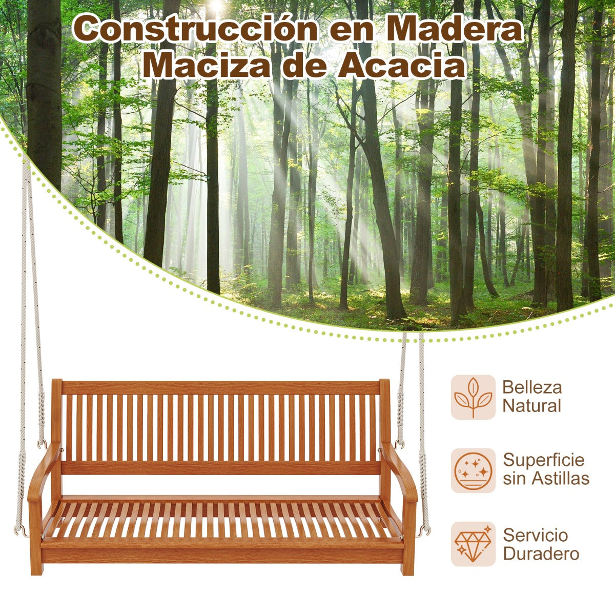 Hamaca de Porche de Madera para 2 Personas con Ganchos y Cuerdas para Jardín Carga 360kg
