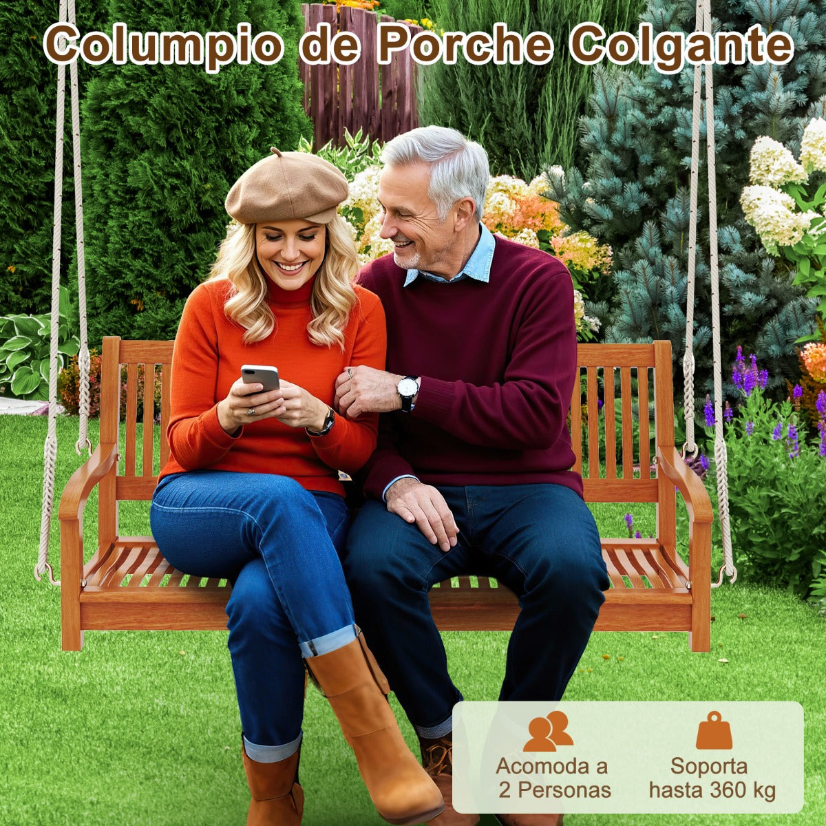 Hamaca de Porche de Madera para 2 Personas con Ganchos y Cuerdas para Jardín Carga 360kg