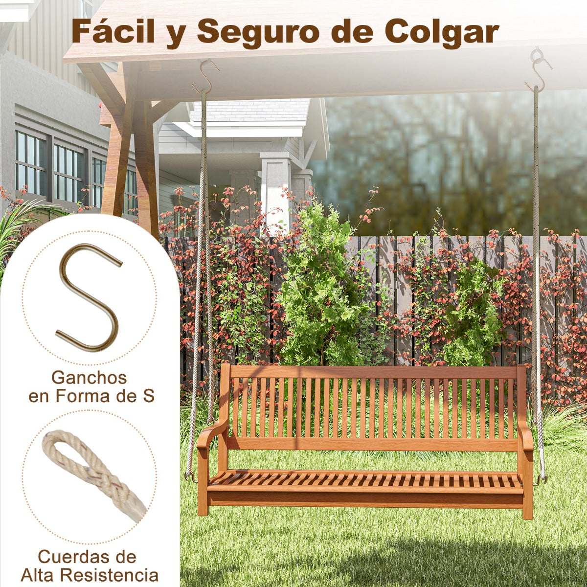 Hamaca de Porche de Madera para 2 Personas con Ganchos y Cuerdas para Jardín Carga 360kg