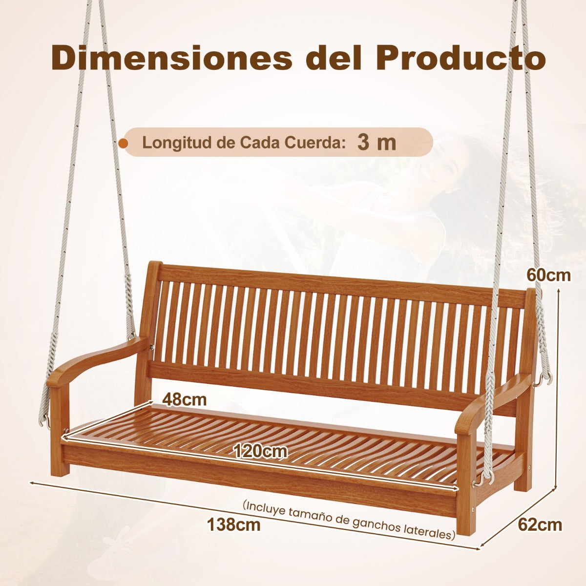 Hamaca de Porche de Madera para 2 Personas con Ganchos y Cuerdas para Jardín Carga 360kg