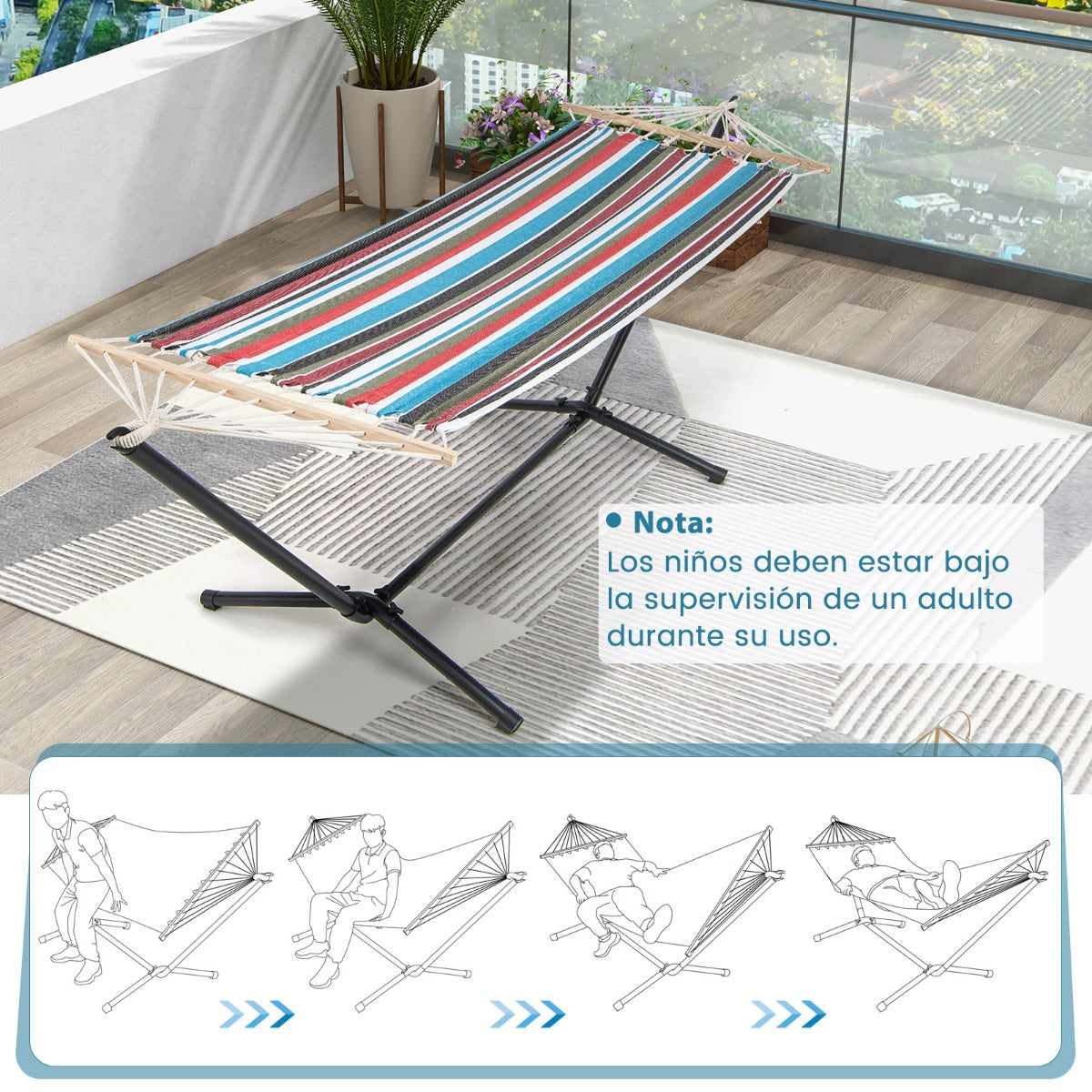Hamaca Portátil con Soporte de Metal Resistente de 320 cm Estuche de Transporte para Jardín Trasero Terraza Carga 150 kg Multicolor