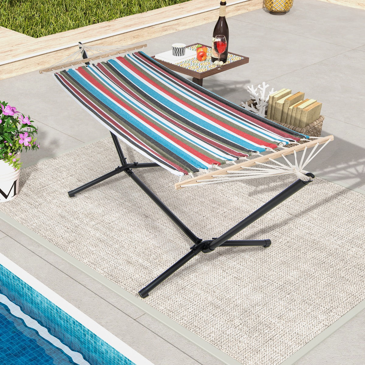 Hamaca Portátil con Soporte de Metal Resistente de 320 cm Estuche de Transporte para Jardín Trasero Terraza Carga 150 kg Multicolor
